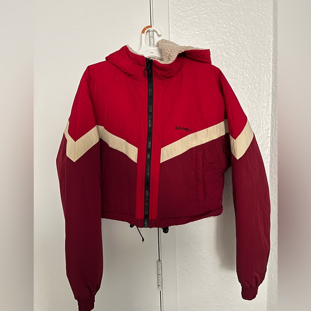Urban Outfitters Red and Cream Fleece-Lined Jacket